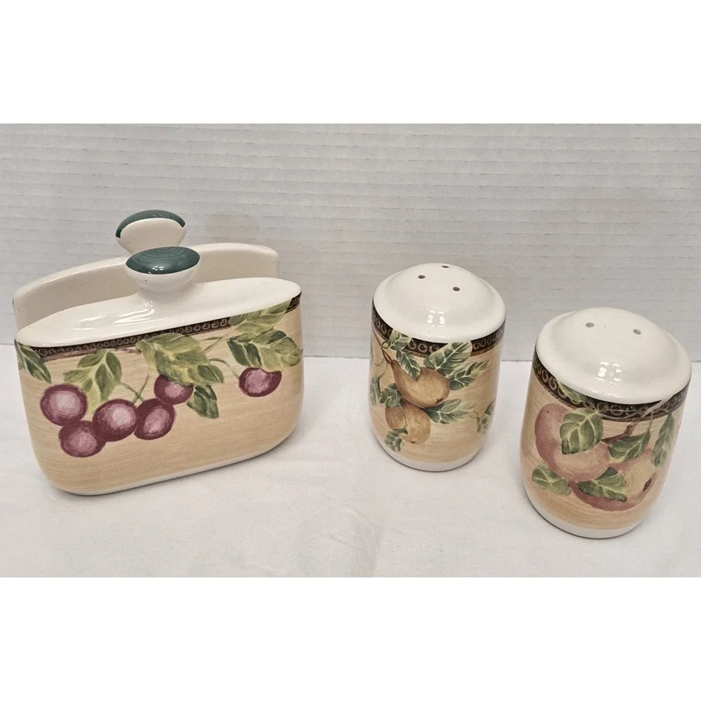Vtg Jay Imports Ceramic Napkin Holder Salt Pepper Shaker Fruit Pattern Set of 3